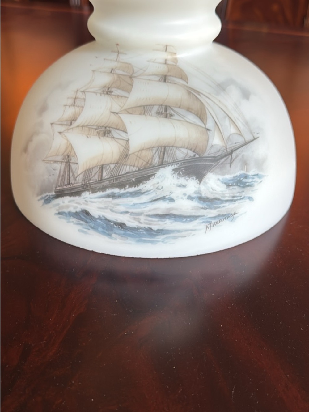Hand-Painted 10” White Glass Nautical Lamp Shade with Sailing Ship
